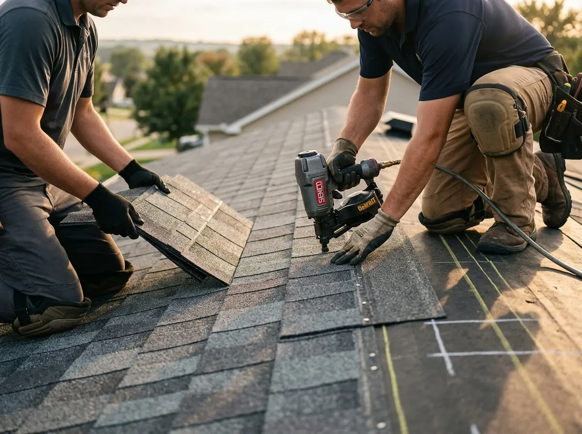 Professional roofer working on a residential roof in Farmington Hills